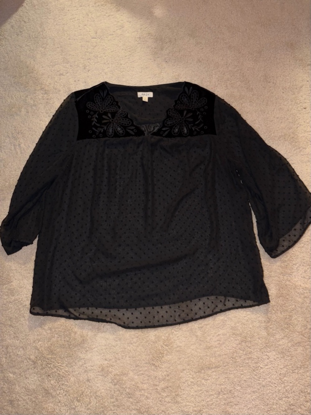Style & Co. Black Embroidered Velvet Yoke Swiss Dot Blouse